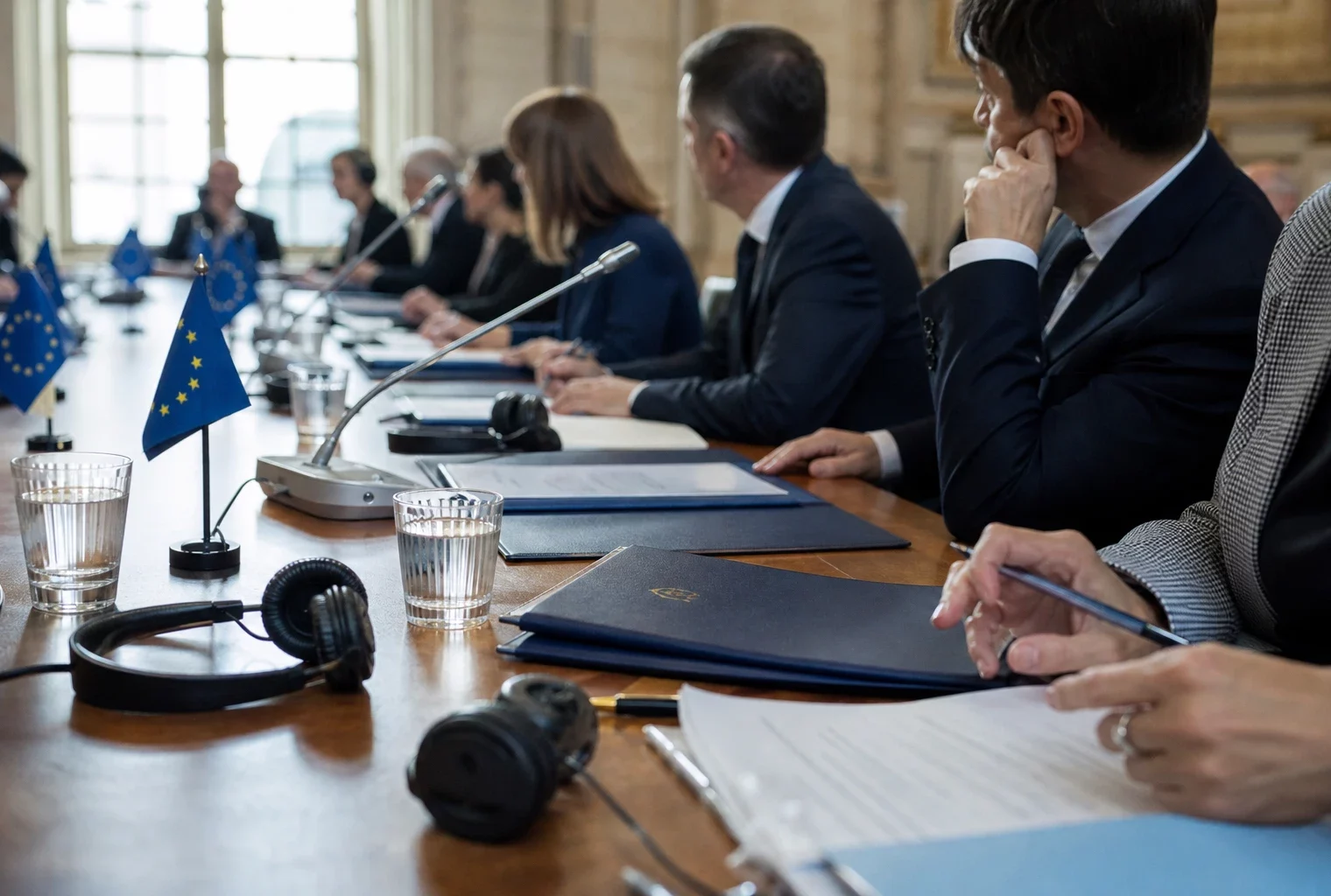 Table de négociation européenne avec dossiers, écouteurs et verres d’eau, autour de silhouettes anonymes.