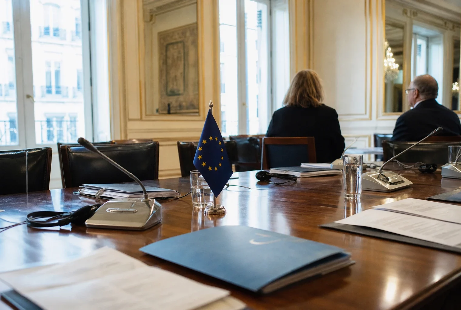 Table diplomatique européenne avec dossiers, casques d’écoute et petits drapeaux discrets dans une salle de réunion.