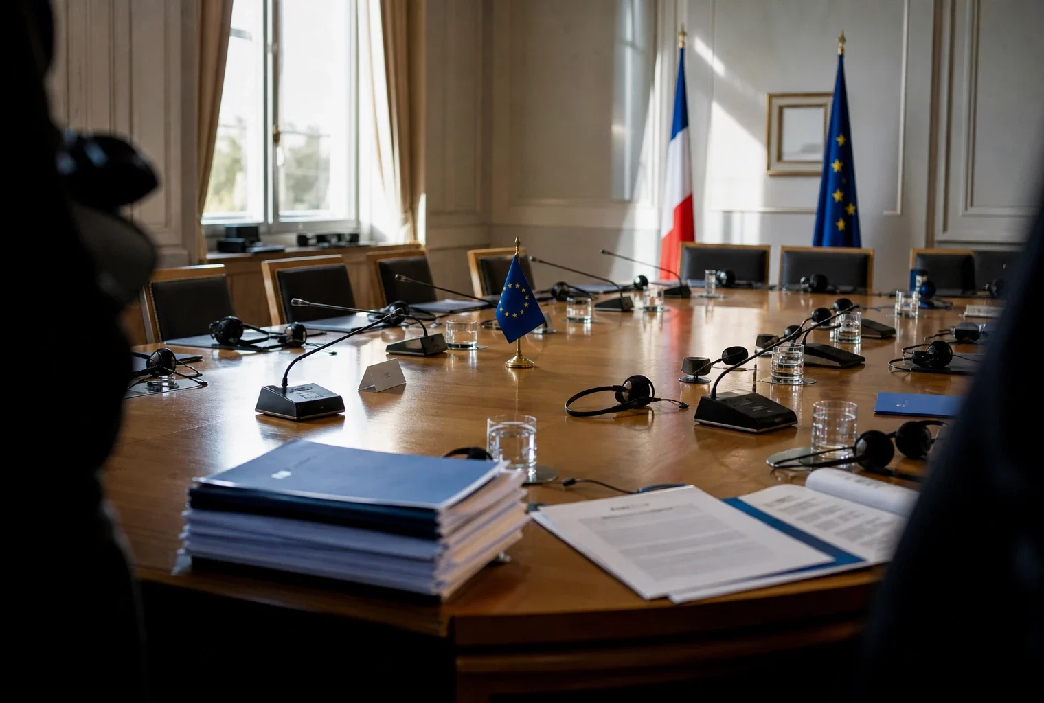Table diplomatique européenne avec dossiers, casques et drapeaux miniatures, dans une salle institutionnelle lumineuse