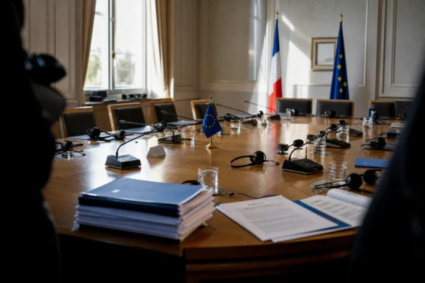 Table diplomatique européenne avec dossiers, casques et drapeaux miniatures, dans une salle institutionnelle lumineuse