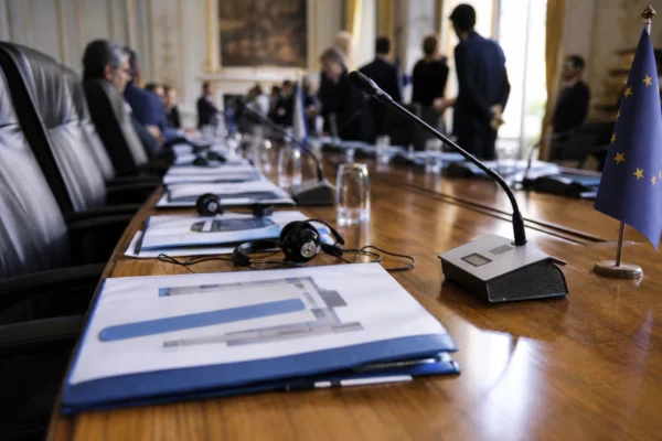 Table diplomatique européenne avec dossiers, écouteurs et drapeaux miniatures discrets avant un briefing sportif