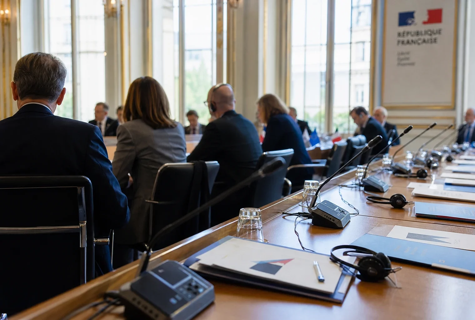 Table de négociation diplomatique à Paris avec micros, dossiers fermés, écouteurs et silhouettes anonymes.
