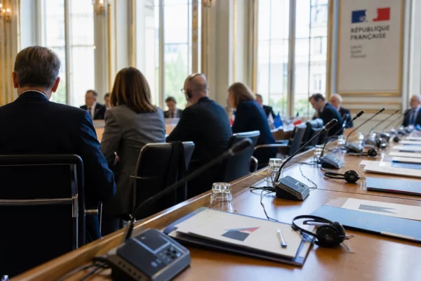Table de négociation diplomatique à Paris avec micros, dossiers fermés, écouteurs et silhouettes anonymes.