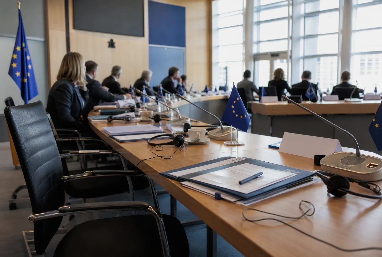 Salle de négociation européenne avec dossiers, casques audio, verres d’eau et petits drapeaux discrets.