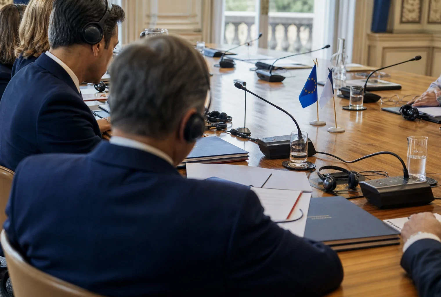 Table de négociation européenne avec micros, dossiers fermés, écouteurs et silhouettes anonymes en salle claire.