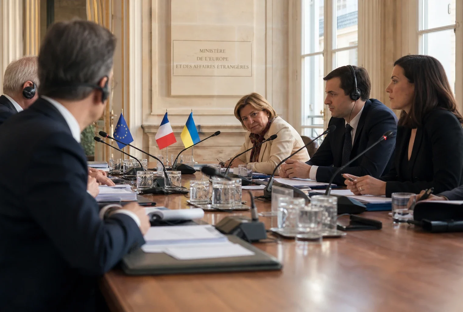 Table de négociation diplomatique en intérieur institutionnel français, avec dossiers, micros, écouteurs et silhouettes anonymes.