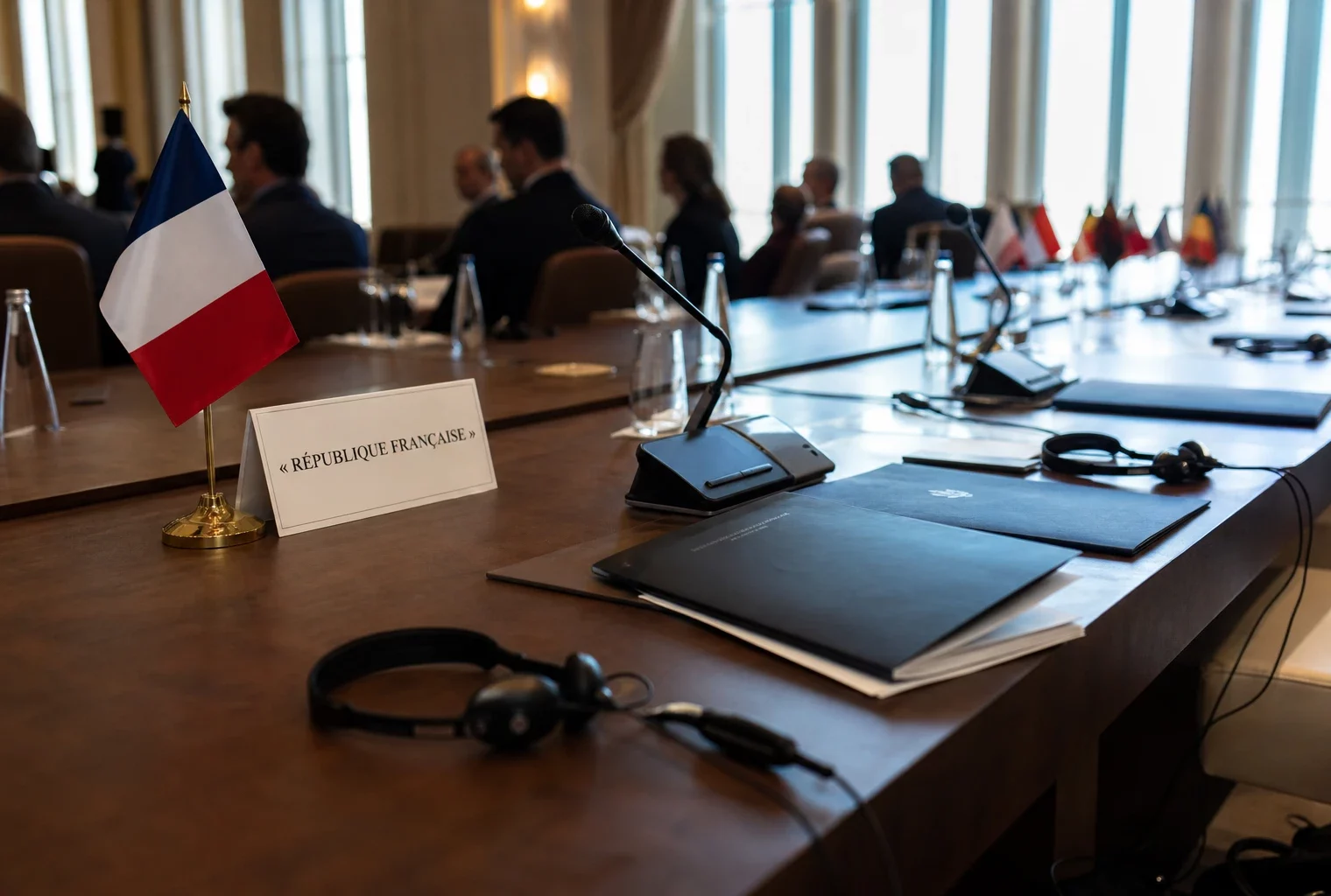 Table de négociation à l’OTAN à Ankara avec micros, dossiers fermés et silhouettes anonymes