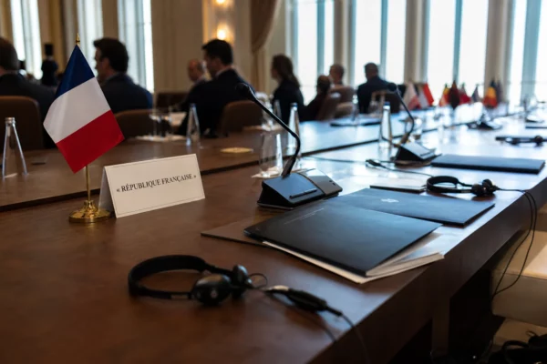 Table de négociation à l’OTAN à Ankara avec micros, dossiers fermés et silhouettes anonymes