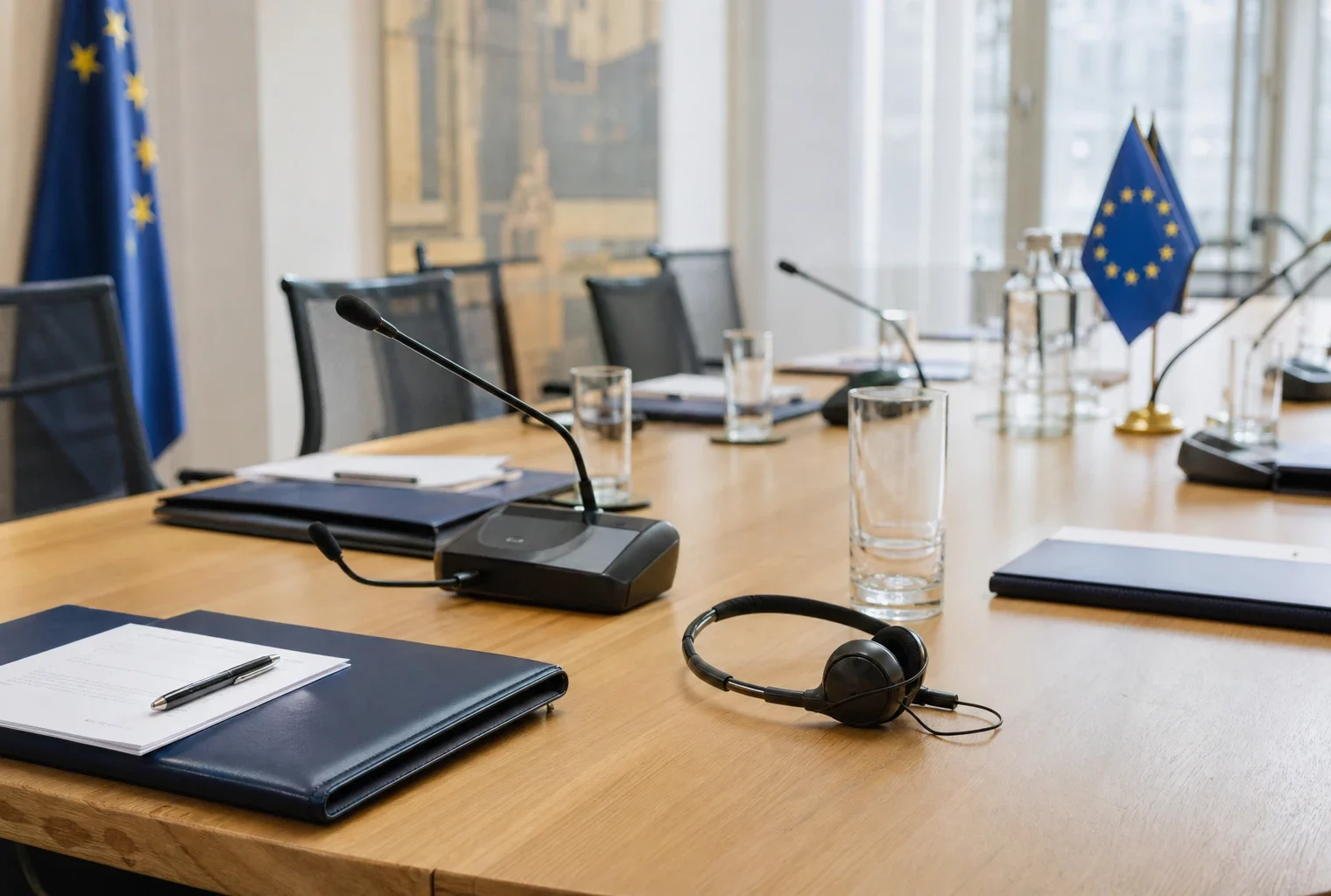 Table de négociation européenne avec dossiers, micros et verres d’eau, dans un cadre institutionnel lumineux.