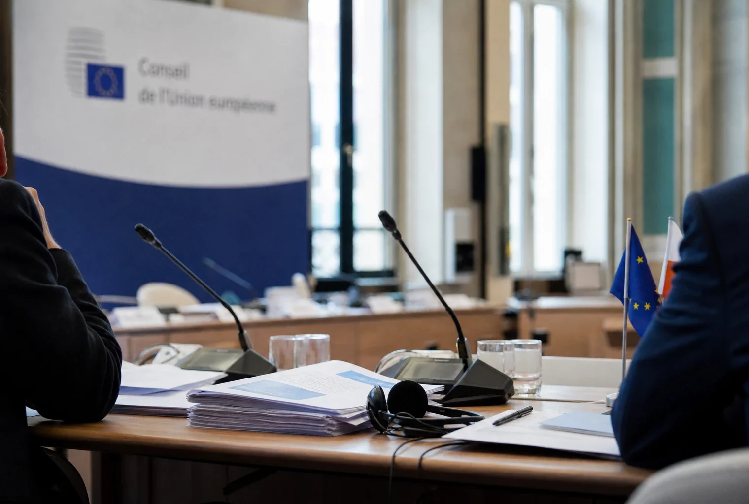 Table de négociation européenne avec dossiers, casques et petits drapeaux, dans une salle institutionnelle lumineuse.