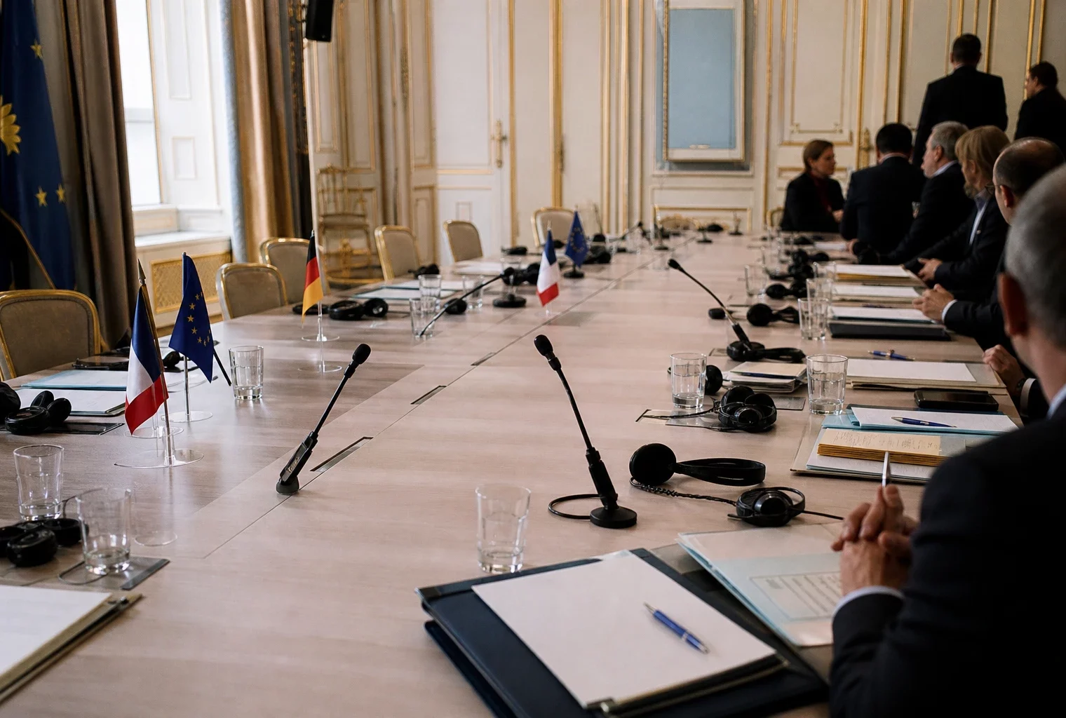 Table de négociation européenne avec dossiers, écouteurs, verres d’eau et petits drapeaux, en scène institutionnelle claire.