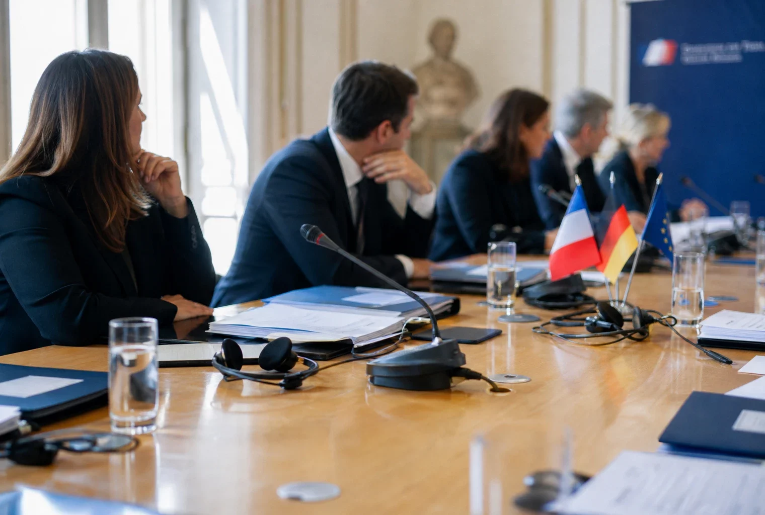 Table de négociation franco-allemande avec dossiers, casques, verres d’eau et petits drapeaux européens discrets.