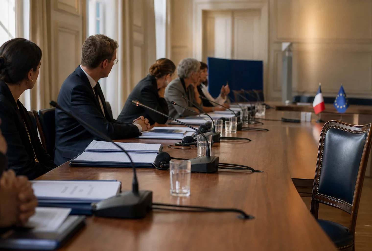 Table de négociation avec dossiers, micros et silhouettes anonymes dans une salle de conférence lumineuse.