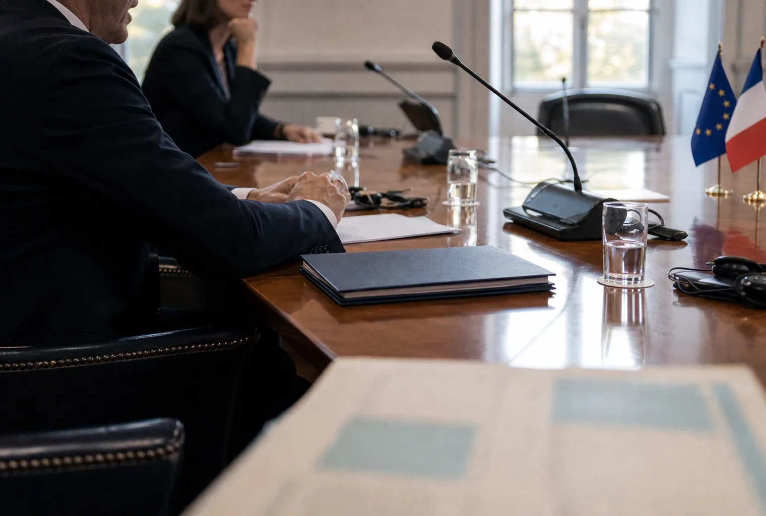 Table de négociation institutionnelle avec micros, dossiers fermés et silhouettes anonymes sous une lumière claire.