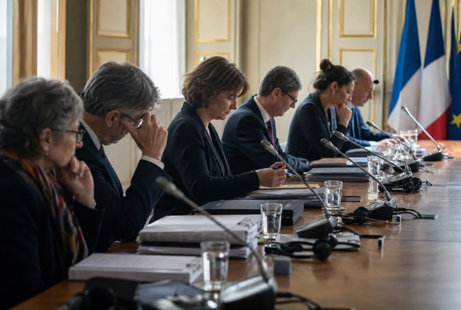 Table de négociation institutionnelle avec dossiers fermés, micros et silhouettes anonymes dans une lumière naturelle claire.