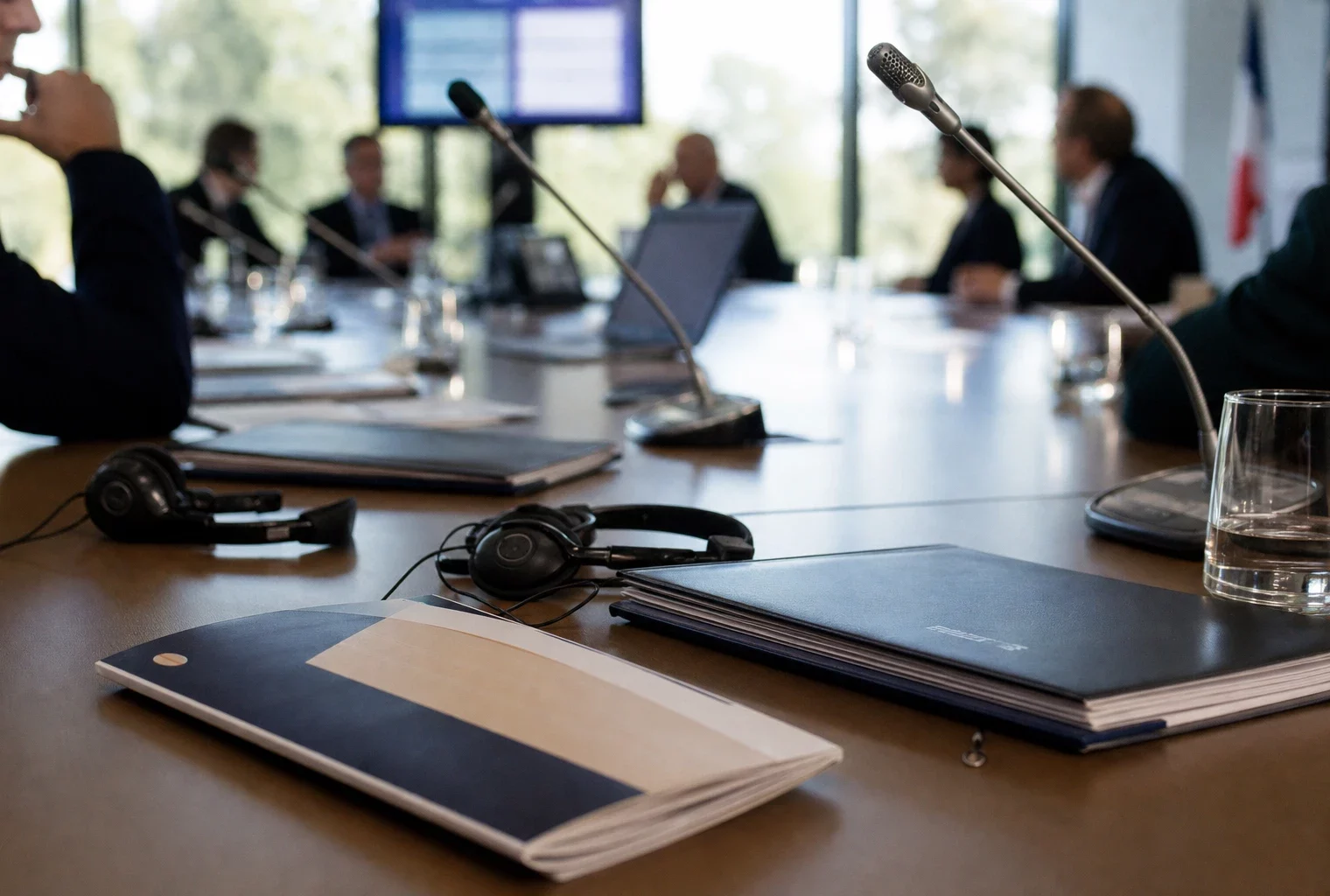 Table de conférence internationale avec micros, dossiers fermés et silhouettes anonymes dans une lumière claire.