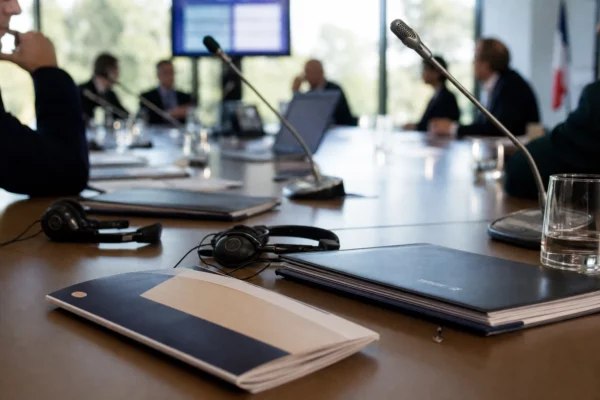 Table de conférence internationale avec micros, dossiers fermés et silhouettes anonymes dans une lumière claire.
