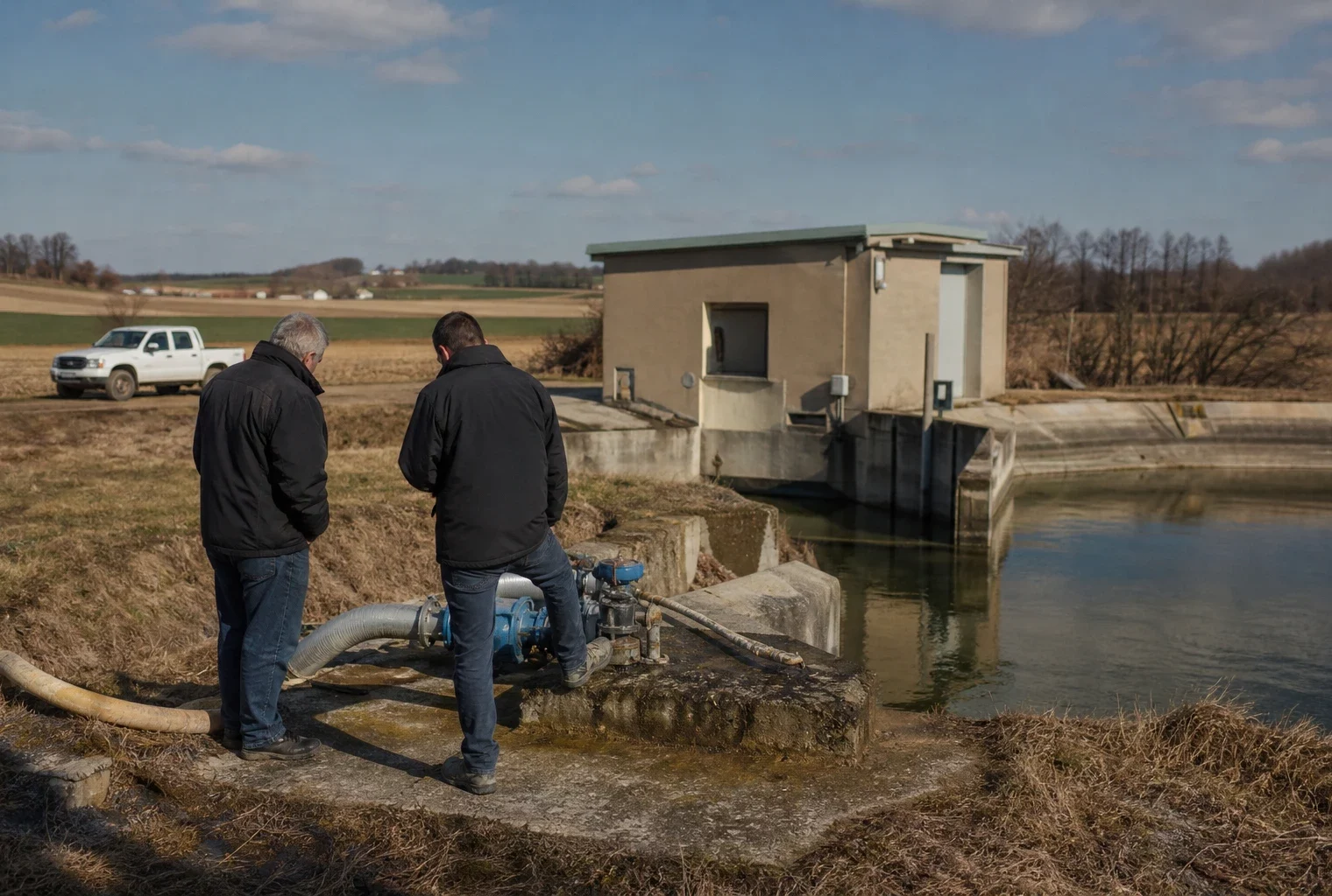 Deux techniciens inspectent une pompe d’irrigation près d’un bassin de rétention en zone agricole française