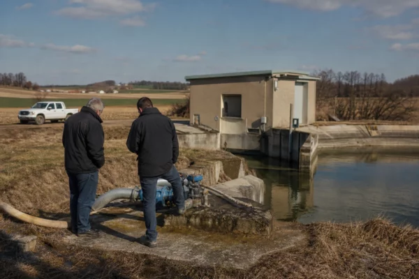Deux techniciens inspectent une pompe d’irrigation près d’un bassin de rétention en zone agricole française