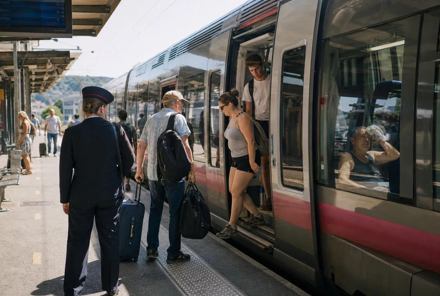 Des voyageurs anonymes montent dans un TER en été sur un quai de gare français, sous une forte chaleur.