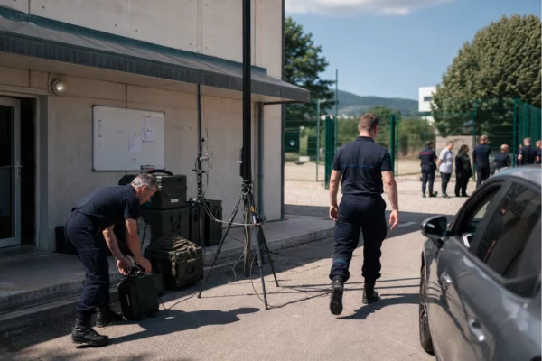 Reportage calme sur un site français de sécurité, avec techniciens anonymes et matériel générique en plein jour.