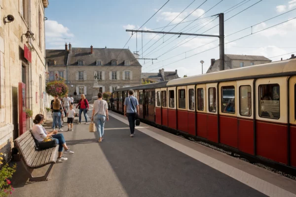 Une petite gare française animée par un train patrimonial et des voyageurs anonymes sous la lumière du jour.