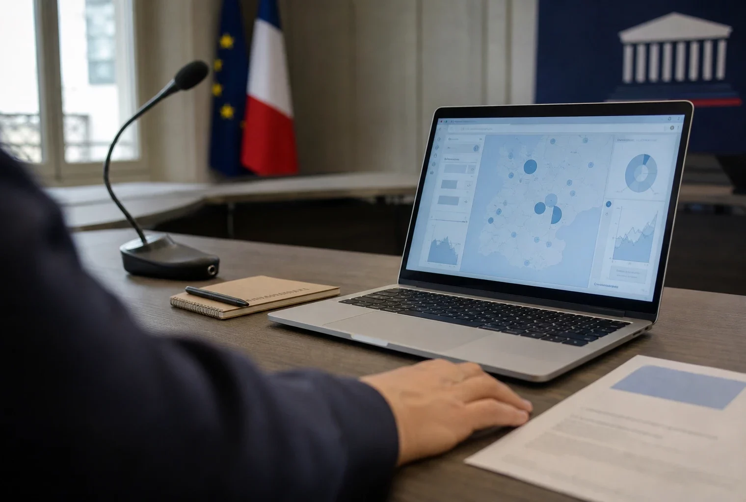 Écran d’ordinateur avec interface européenne abstraite et main floue dans une rédaction française