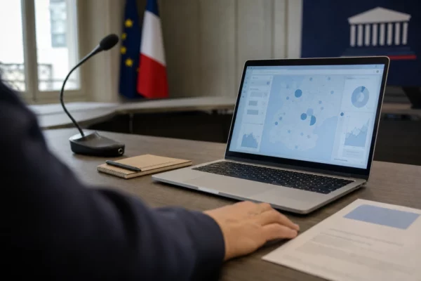 Écran d’ordinateur avec interface européenne abstraite et main floue dans une rédaction française