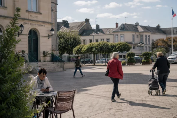 Des habitants traversent une place de mairie en ville moyenne, dans une atmosphère calme de jour de verdict politique.