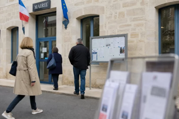 Des anonymes se rendent devant une mairie de ville moyenne, sous une lumière naturelle claire et apaisée.