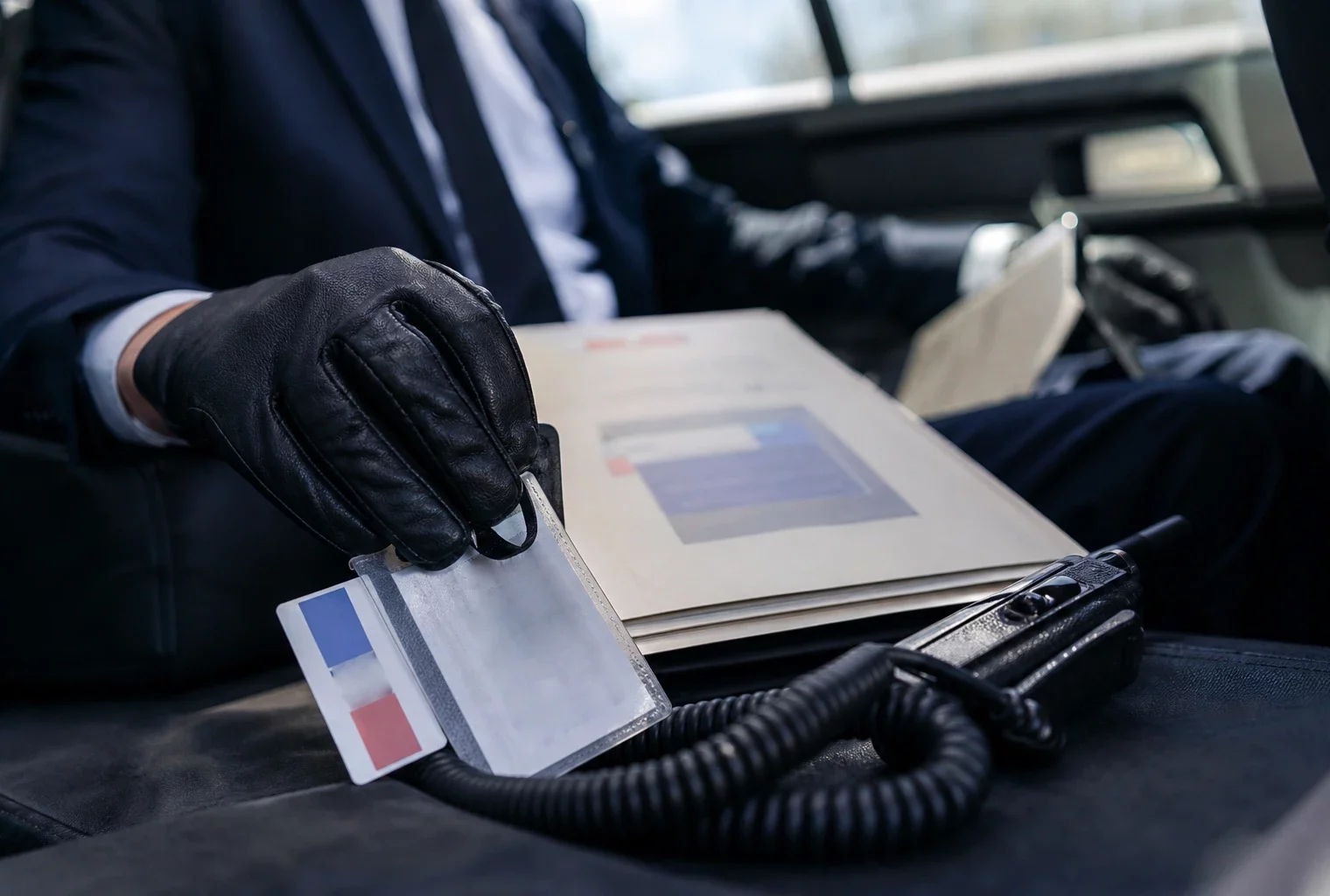 Gros plan photojournalistique sur un badge, un dossier et une radio dans l’habitacle d’une voiture officielle électrique.
