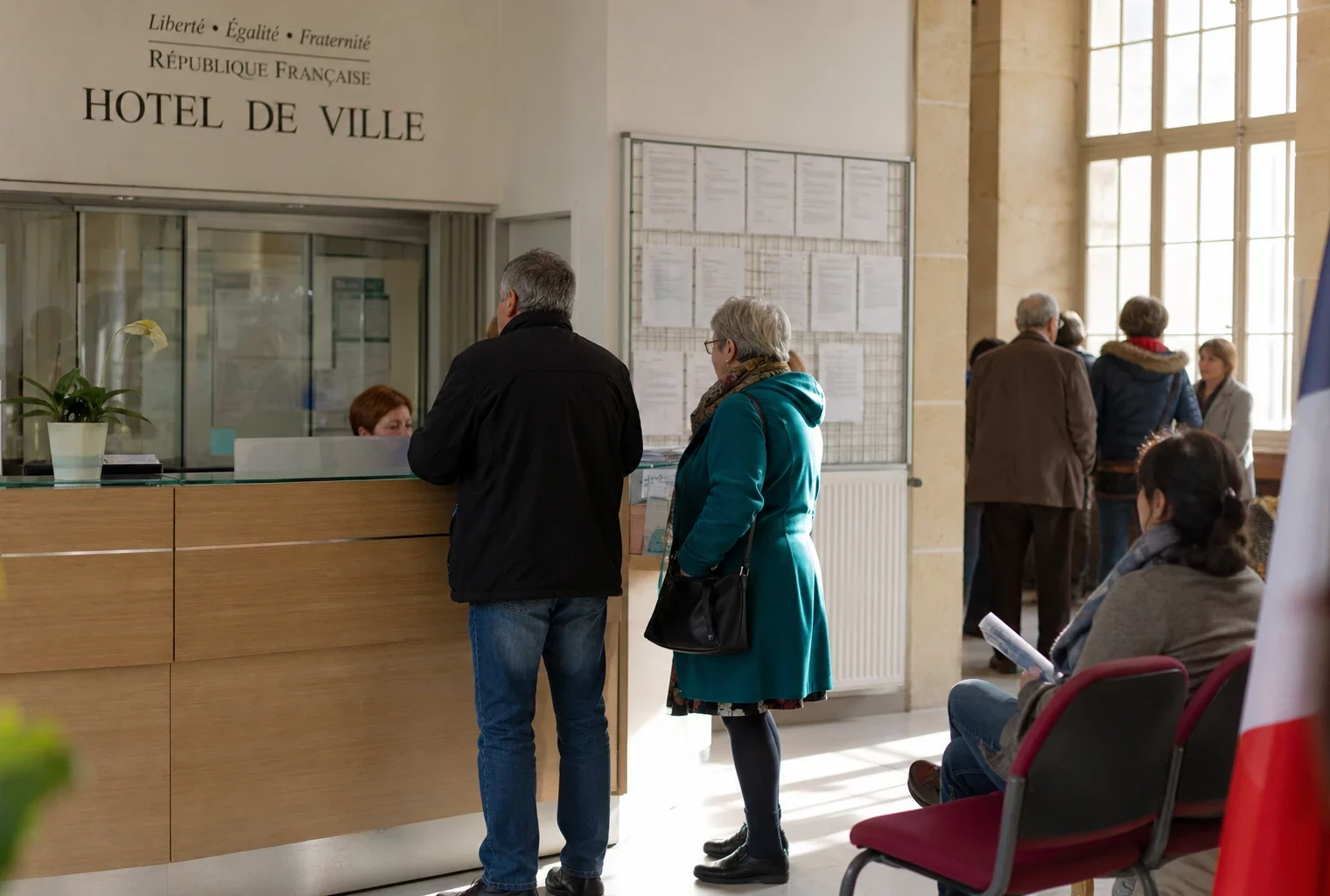 Des citoyens anonymes attendent dans le hall lumineux d’une mairie française, sur fond de vote politique local.