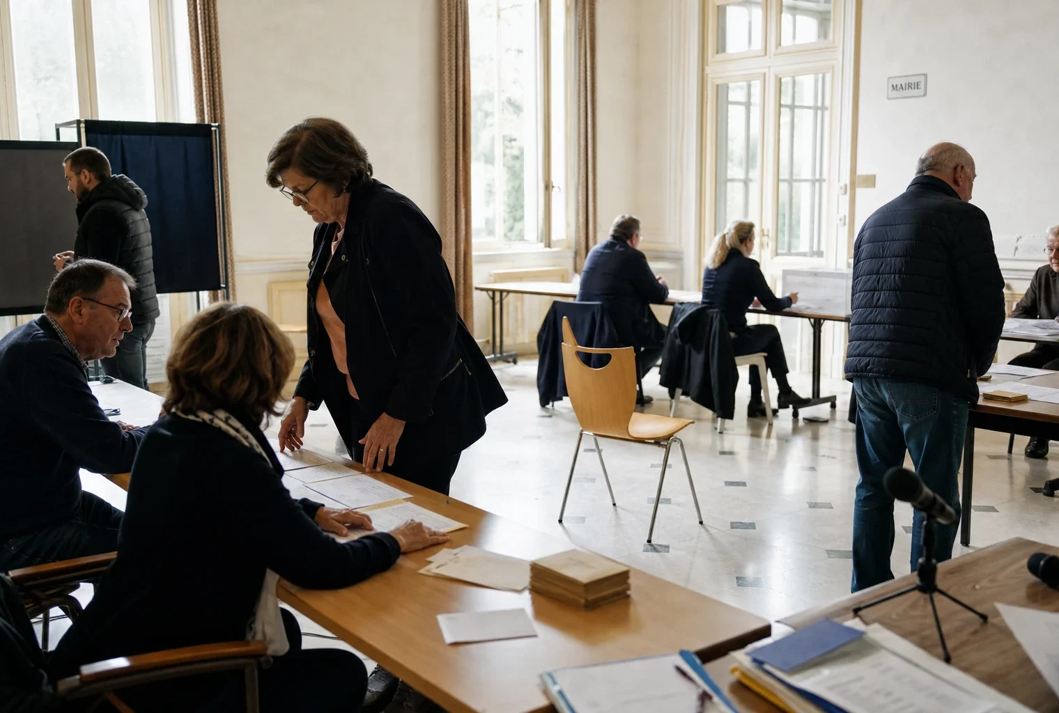 Salle municipale éclairée naturellement avec urne, micros et militants anonymes avant un vote interne du PS