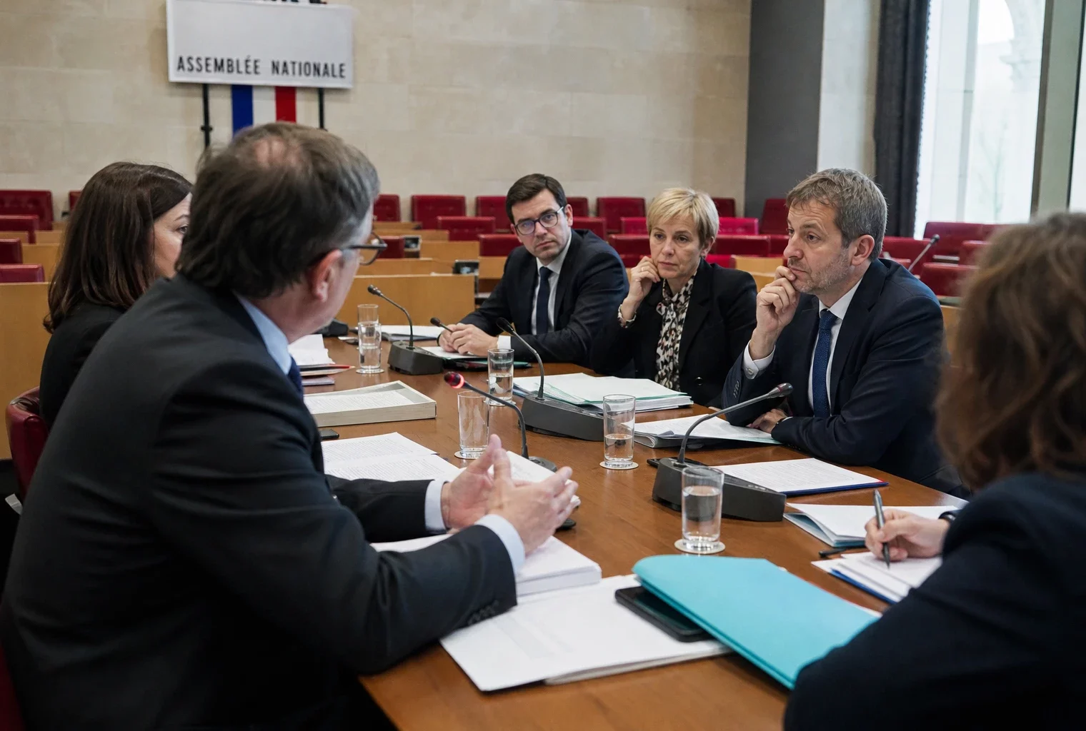 Réunion parlementaire en commission sur la perpétuité pour les viols en série sur mineurs, avec députés et micros