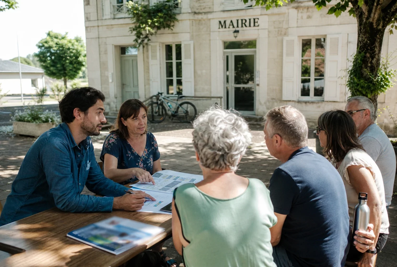 Citoyens et élus anonymes discutant de l’adaptation climatique devant une mairie française éclairée
