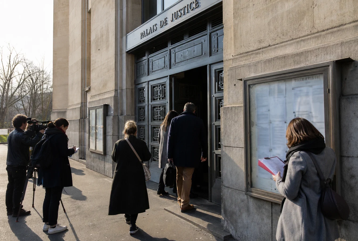 Entrée d’un palais de justice français avec passants anonymes et carnets de presse dans une scène documentaire claire