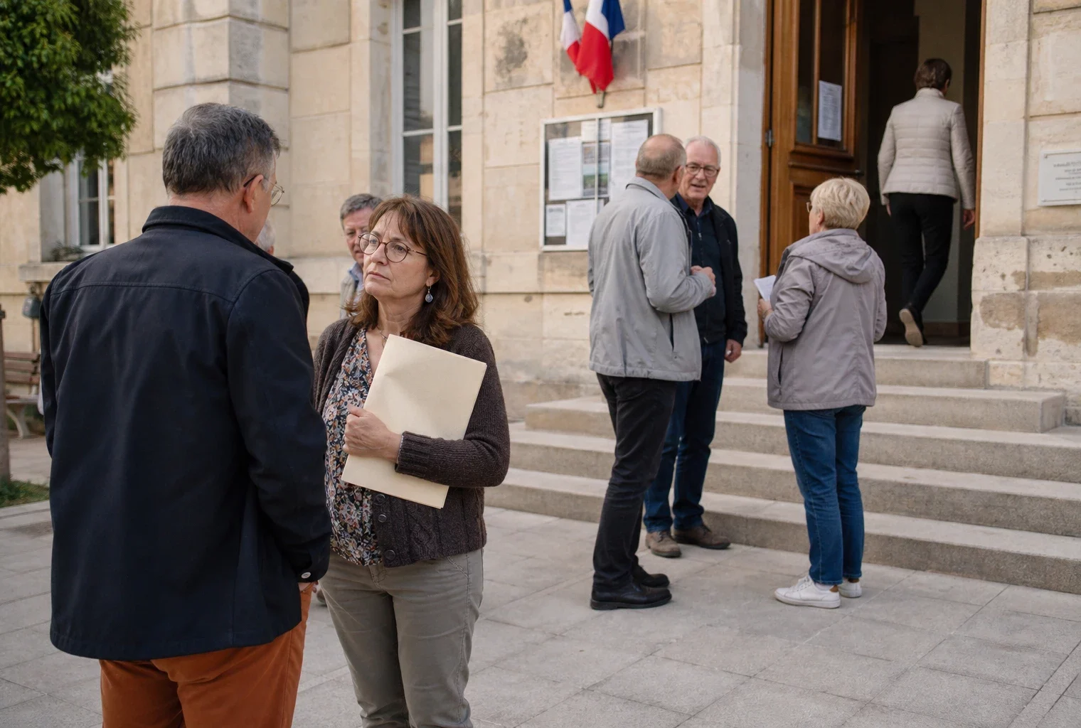 Citoyens anonymes échangeant devant une mairie française, scène de proximité politique locale en lumière naturelle