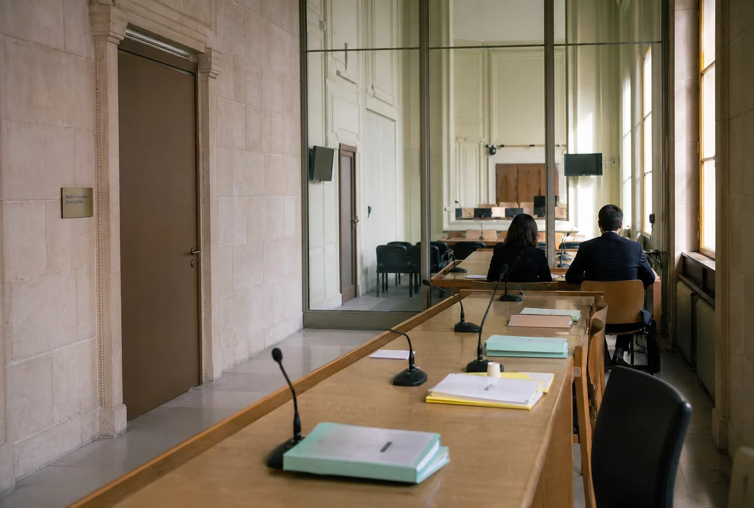 Couloir clair d’un bâtiment public français menant à une salle d’audition avec micros et dossiers anonymes