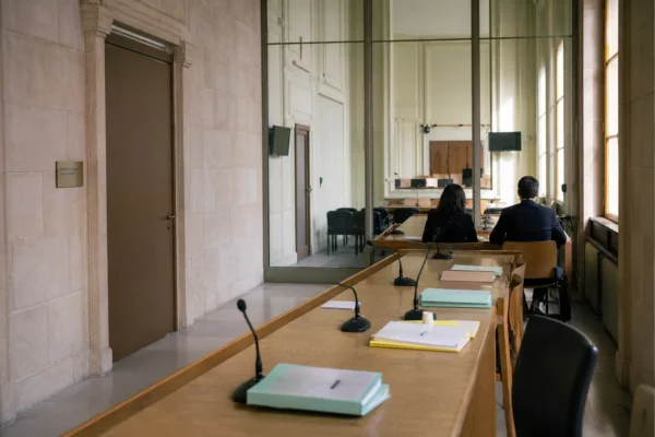 Couloir clair d’un bâtiment public français menant à une salle d’audition avec micros et dossiers anonymes