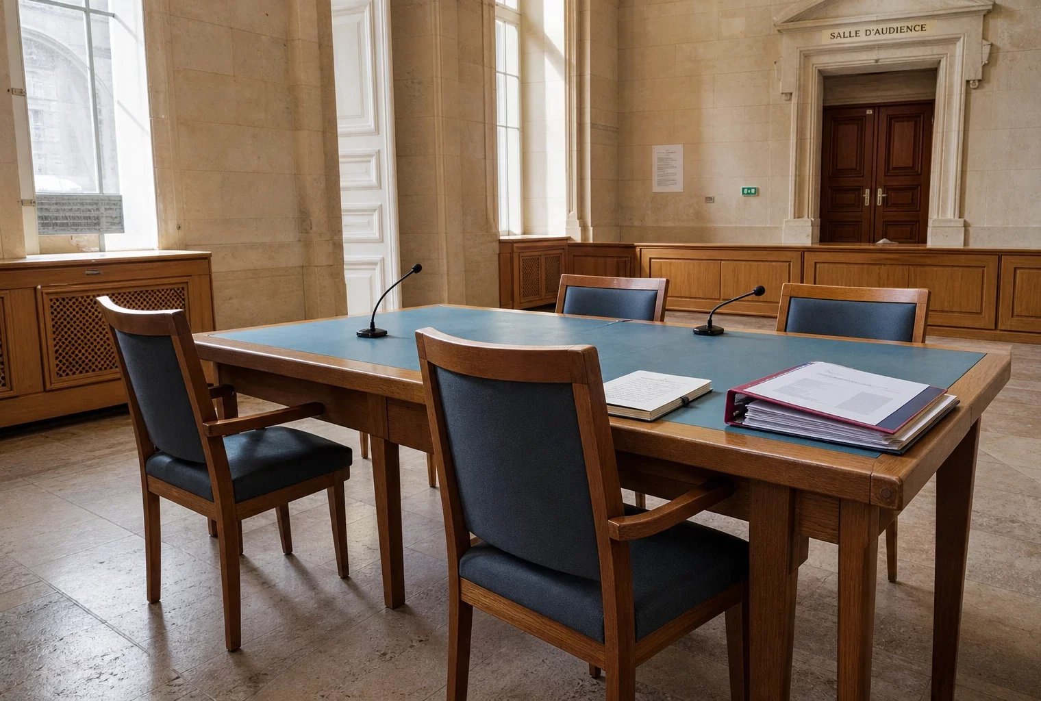 Salle de justice française préparée pour une rencontre sur l’affaire Le Scouarnec à Vannes