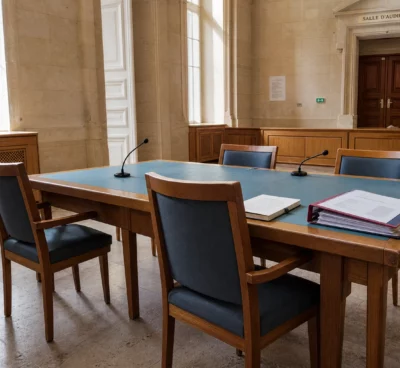 Salle de justice française préparée pour une rencontre sur l’affaire Le Scouarnec à Vannes