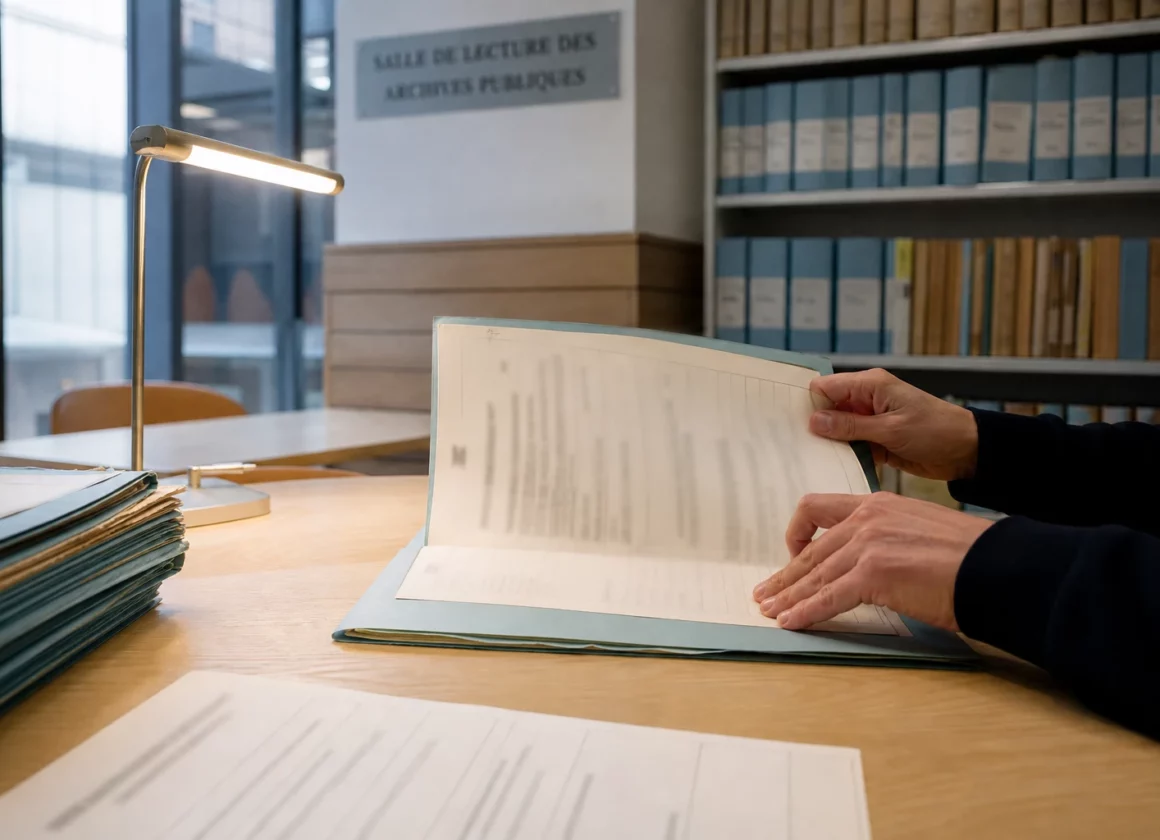 Mains anonymes triant des dossiers administratifs dans une salle d’archives publique française éclairée