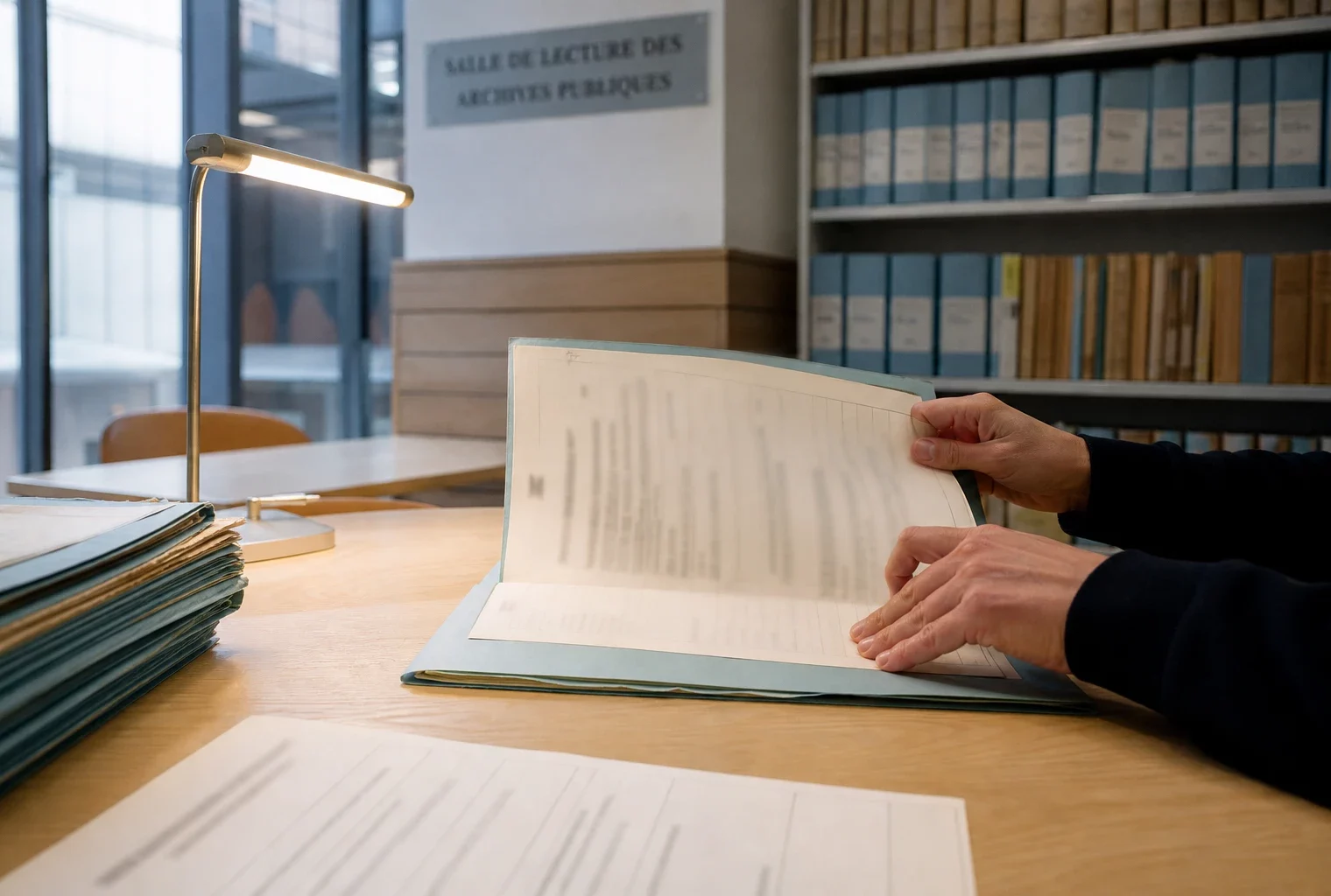 Mains anonymes triant des dossiers administratifs dans une salle d’archives publique française éclairée