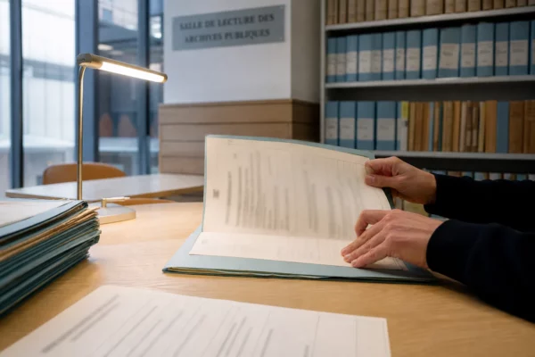Mains anonymes triant des dossiers administratifs dans une salle d’archives publique française éclairée