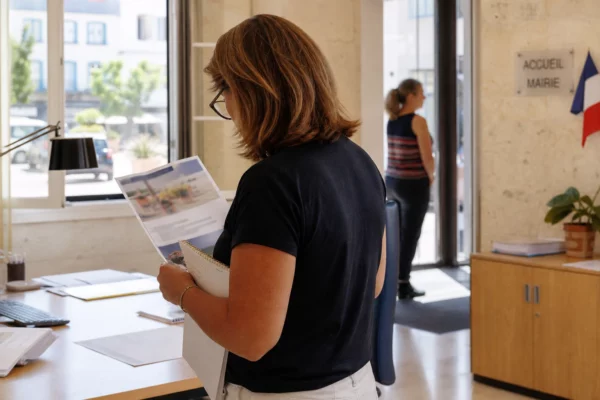 Un agent municipal anonyme consulte un dossier à la mairie d’Agde, dans une lumière naturelle et douce.
