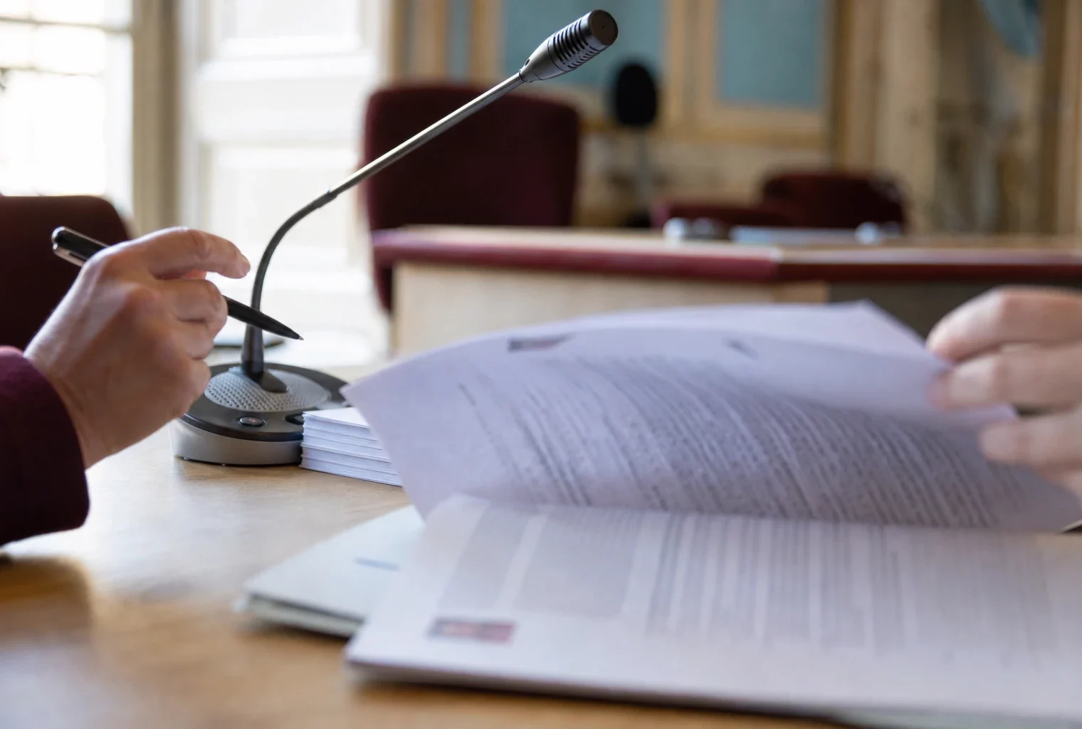 Mains anonymes examinant un dossier d’audition près d’un micro de commission dans une salle institutionnelle française
