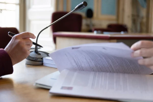 Mains anonymes examinant un dossier d’audition près d’un micro de commission dans une salle institutionnelle française
