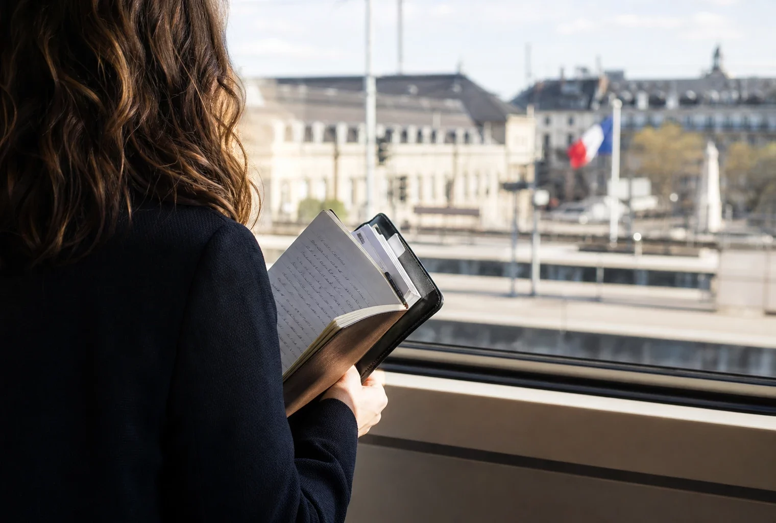 Un collaborateur parlementaire anonyme, de dos, tient un carnet près d’une fenêtre de gare à Strasbourg.