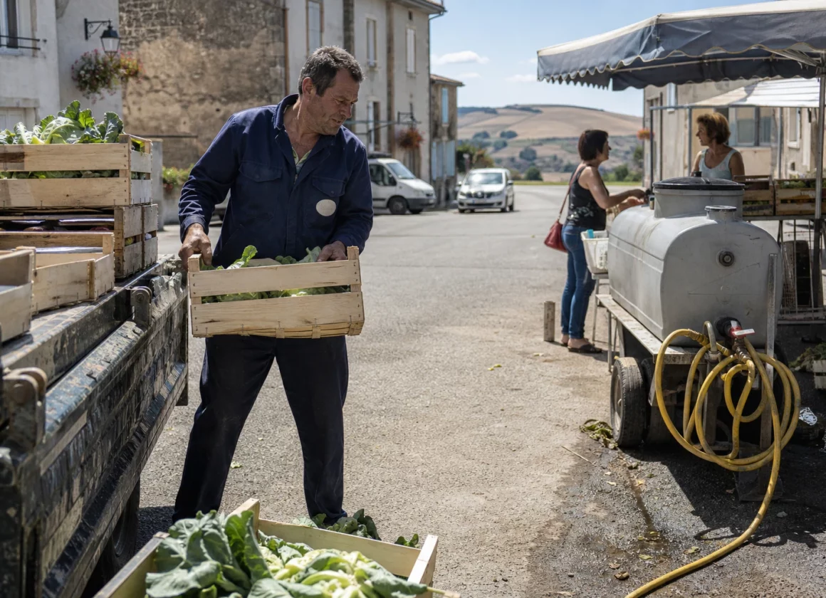 Agriculteur vendant ses légumes sur un marché communal, dans un contexte de sécheresse et d’aides agricoles incertaines