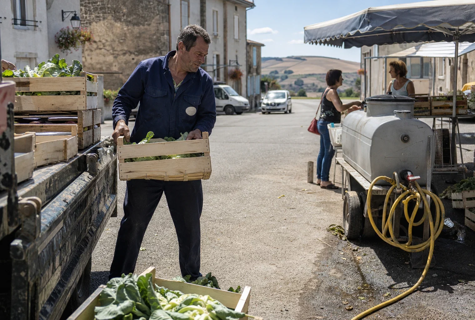 Agriculteur vendant ses légumes sur un marché communal, dans un contexte de sécheresse et d’aides agricoles incertaines